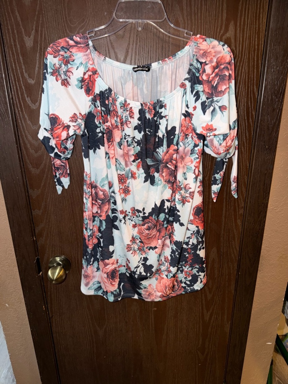 Women’s Floral Scoop Neck Shirt with Tie Sleeves - Light Blue, Coral & Navy